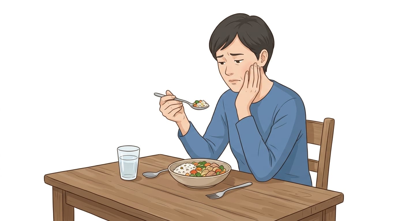 Une personne s'arrête de manger en portant la main à sa joue. Cela représente le moment où elle ressent une gêne ou une sensation étrange en mâchant.
