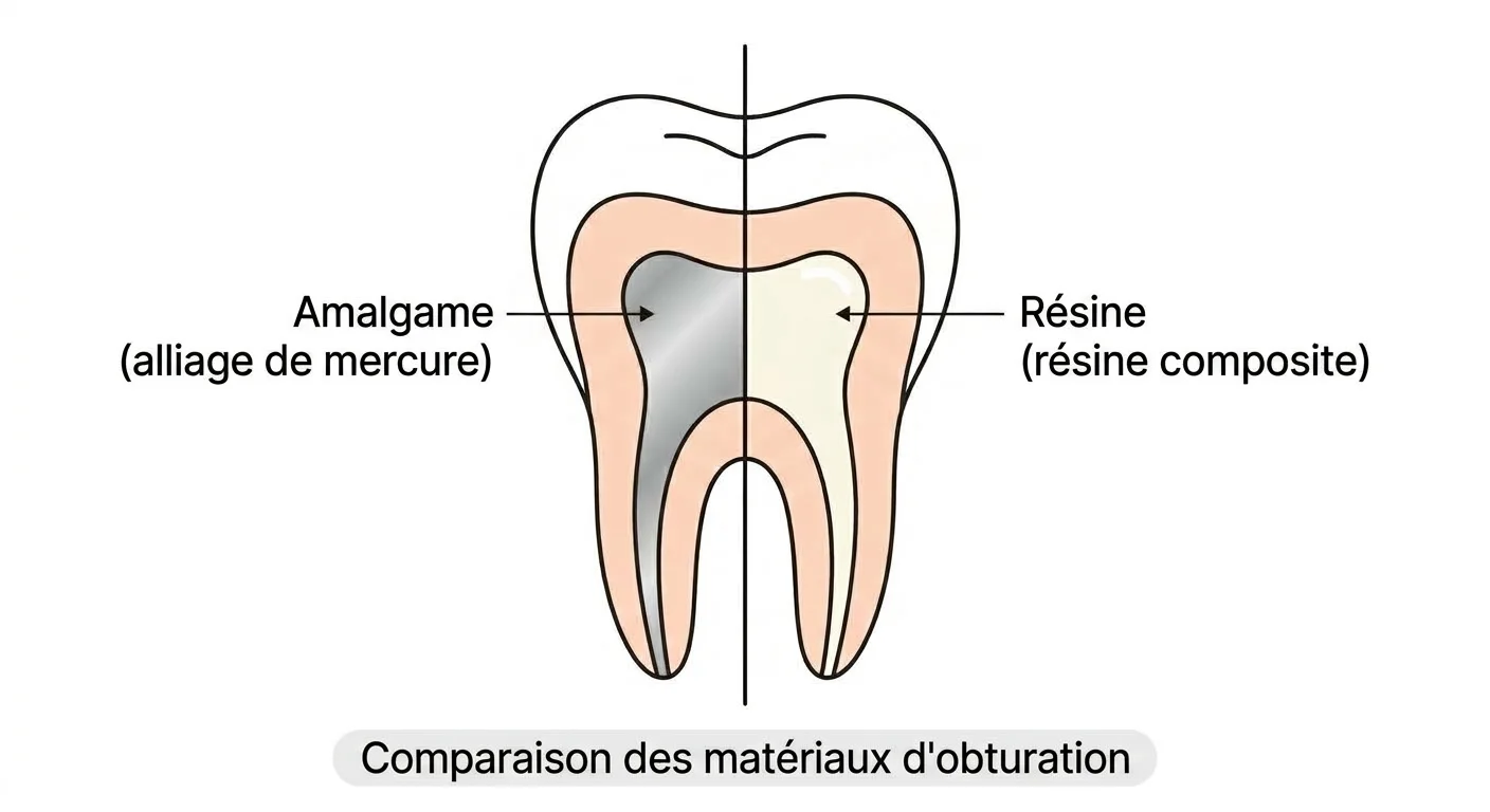 Illustration comparant côte à côte une coupe de dent obturée à l'amalgame et une autre obturée à la résine