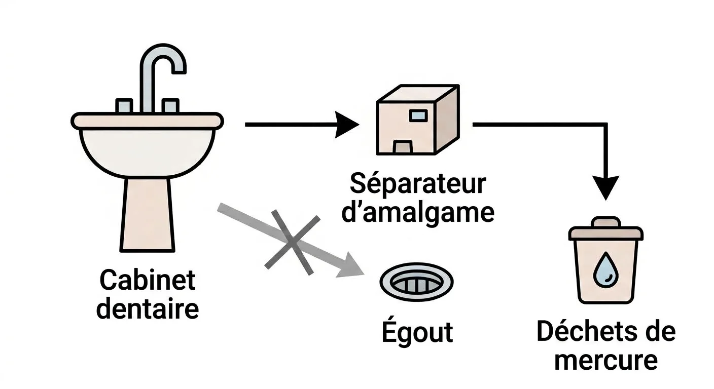 Schéma montrant le mercure du cabinet dentaire passant par un séparateur pour être isolé comme déchet distinct, avec la voie vers les égouts bloquée