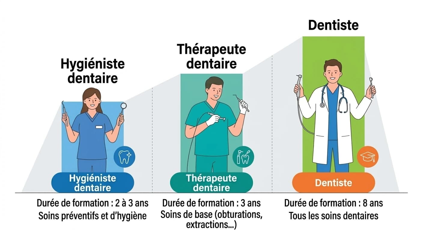 Illustration comparant la durée de formation et le champ d'intervention de l'hygiéniste dentaire, du thérapeute dentaire et du dentiste