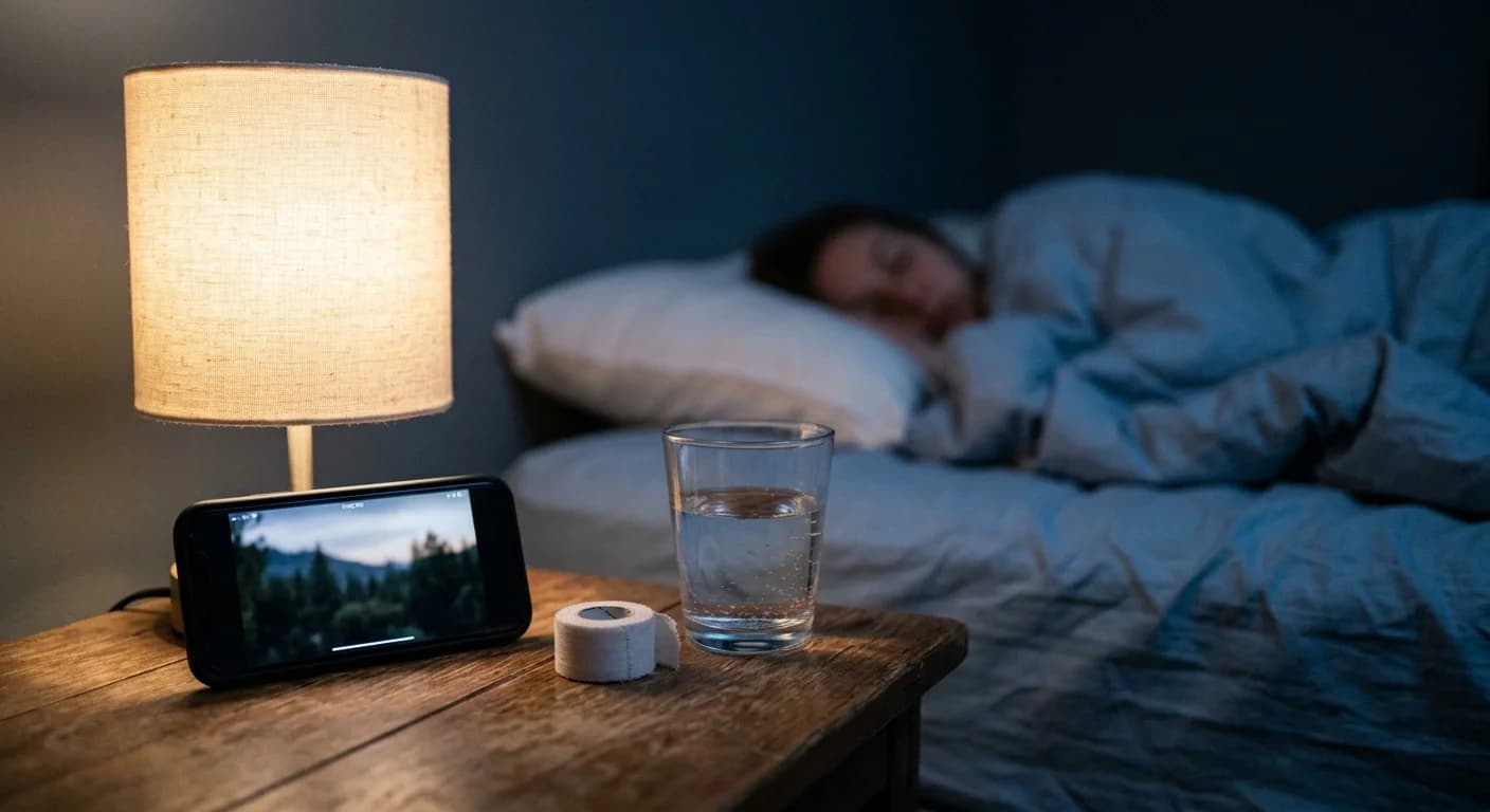 Photo d'un rouleau de ruban adhésif, d'un smartphone et d'un verre d'eau sur une table de chevet