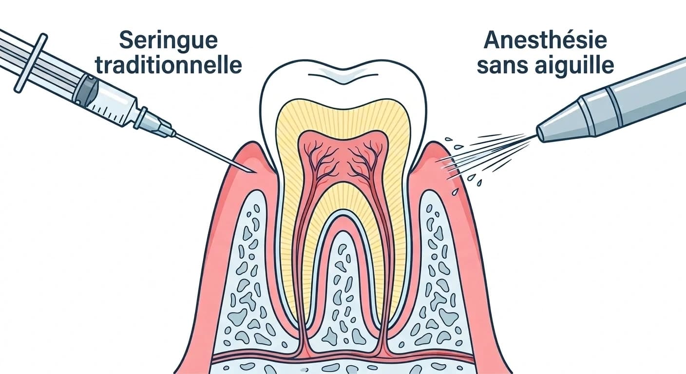 Coupe transversale de la gencive et de la dent. À gauche, une seringue traditionnelle munie d'une aiguille pénètre dans la gencive ; à droite, un jet fin sous pression, propulsé par l'extrémité d'un dispositif sans aiguille, pénètre dans la muqueuse gingivale.