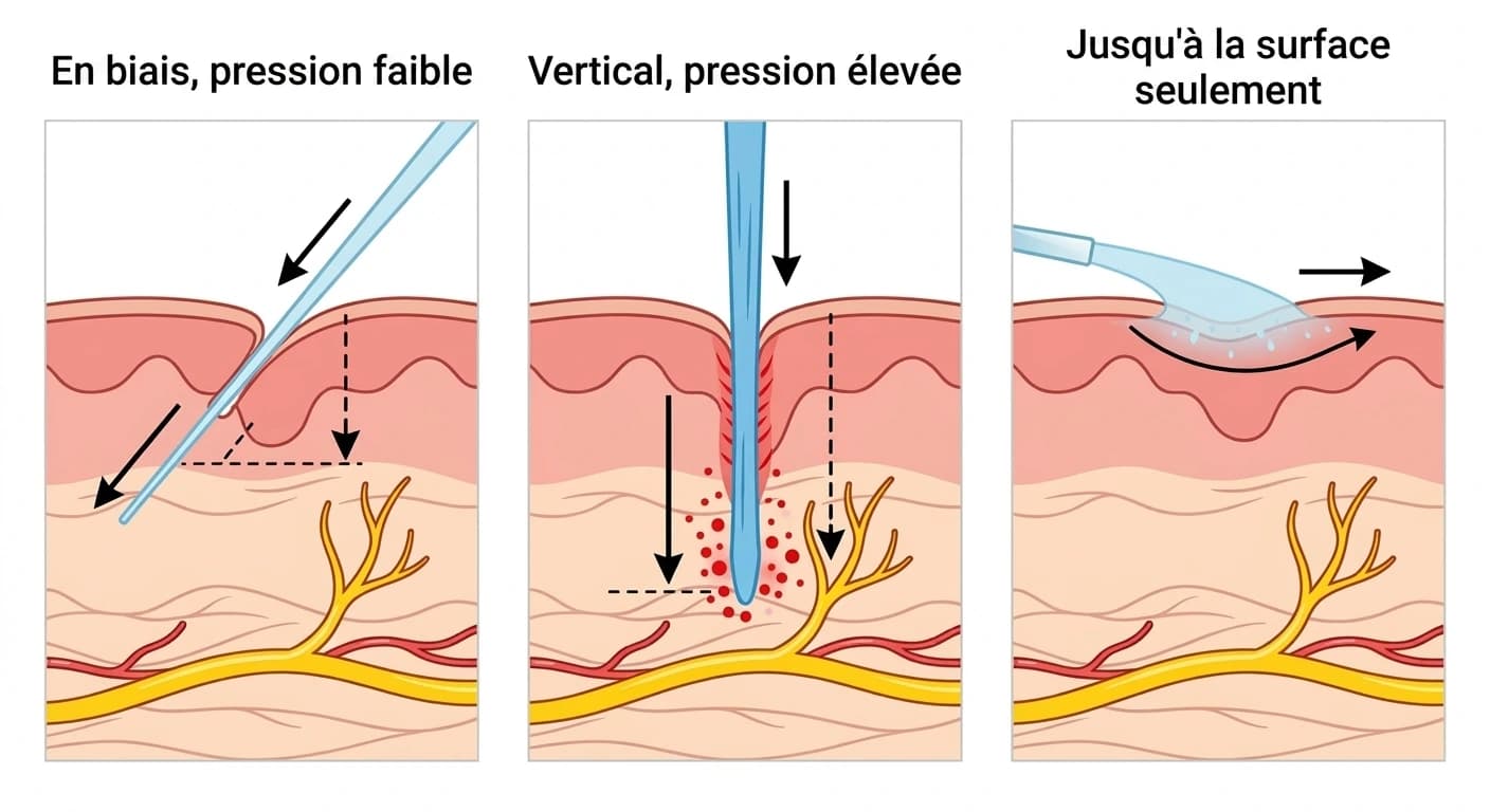 Comparaison de la profondeur de pénétration selon l'angle et l'intensité du jet projeté sur la muqueuse gingivale. Tiré en biais avec une pression faible, le jet atteint superficiellement les environs du faisceau nerveux ; tiré verticalement avec une pression élevée, il pénètre profondément jusqu'au faisceau nerveux mais provoque aussi des saignements ; avec une pression trop faible, il ne se diffuse qu'à proximité de la surface muqueuse sans atteindre le faisceau nerveux.