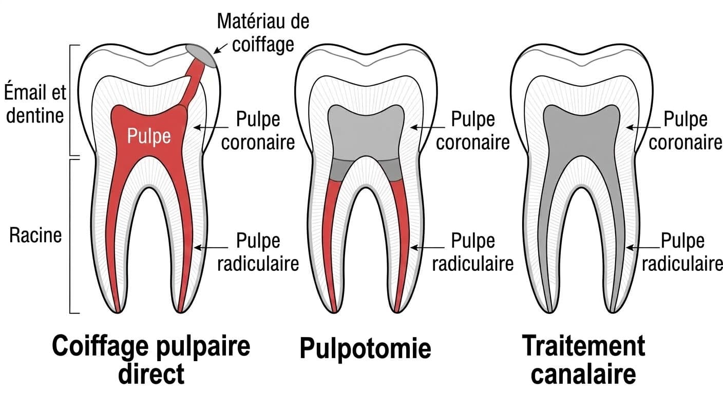 Coupe transversale d'une dent comparant l'étendue de la pulpe préservée ou retirée lors du coiffage pulpaire direct, de la pulpotomie et du traitement canalaire