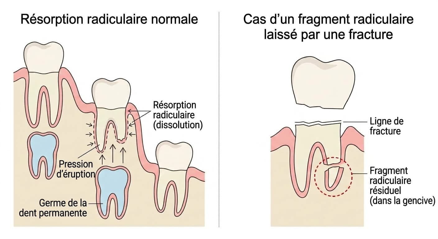 Illustration comparant une dent de lait dont la racine se résorbe normalement et un cas où un fragment de racine reste dans la gencive le long d'une ligne de fracture