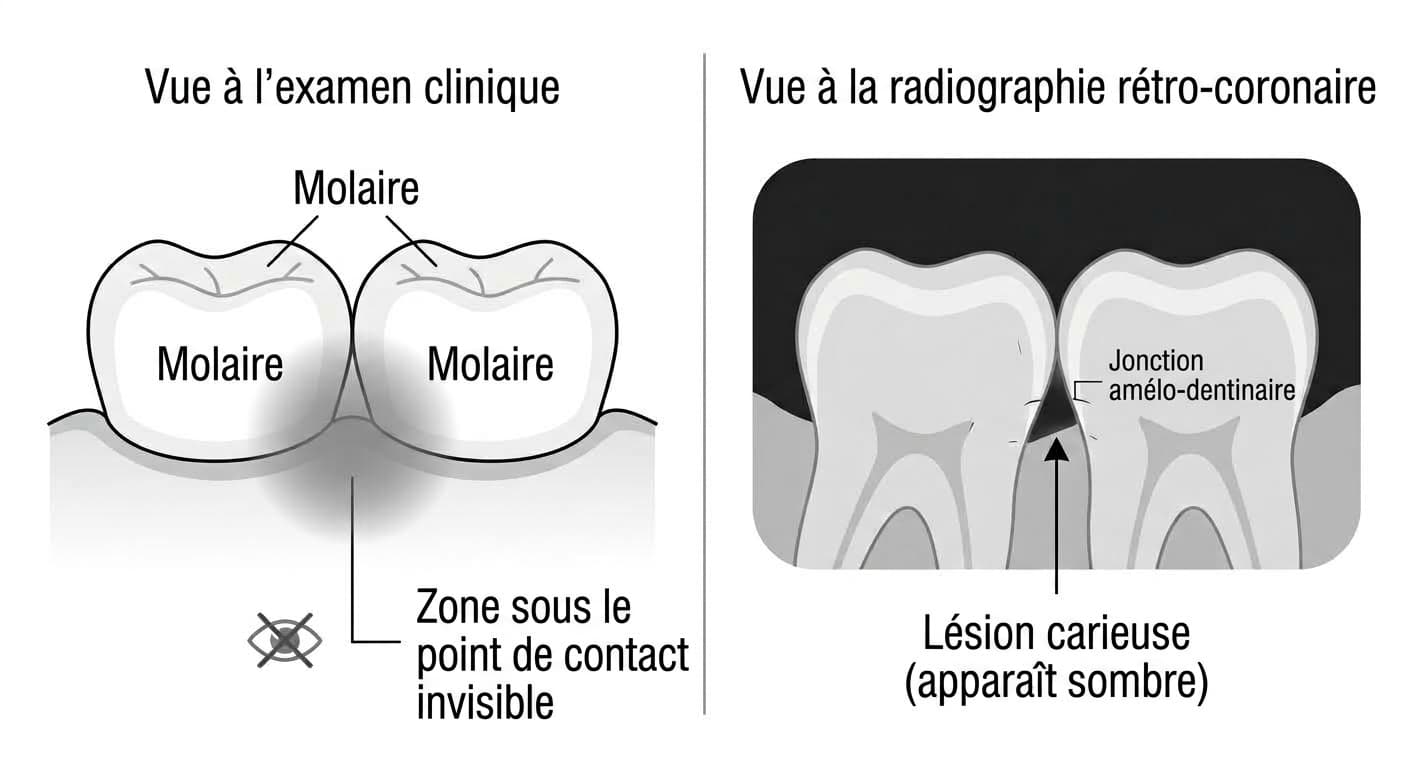 Illustration comparant la zone sous le point de contact interdentaire, invisible à l'examen clinique, à son apparence sur la radiographie rétro-coronaire, où elle se manifeste par une lésion carieuse sombre au niveau de la jonction amélo-dentinaire