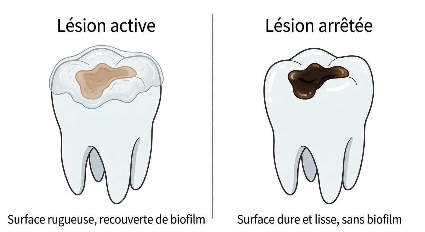 Comparaison entre une lésion active et une lésion arrêtée sur la face masticatoire. La lésion active présente une surface rugueuse recouverte de biofilm, tandis que la lésion arrêtée présente une surface dure, lisse et foncée.