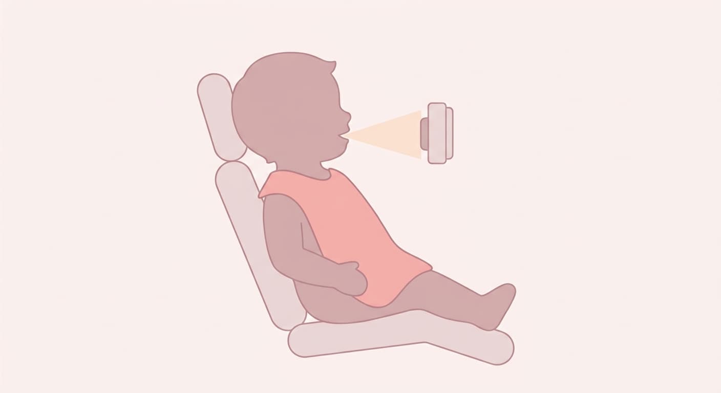 Illustration d'un enfant assis sur un fauteuil dentaire, portant un tablier de protection sur le haut du corps, avec le champ de radiation de l'appareil de prise de vue limité étroitement à la zone autour de la bouche