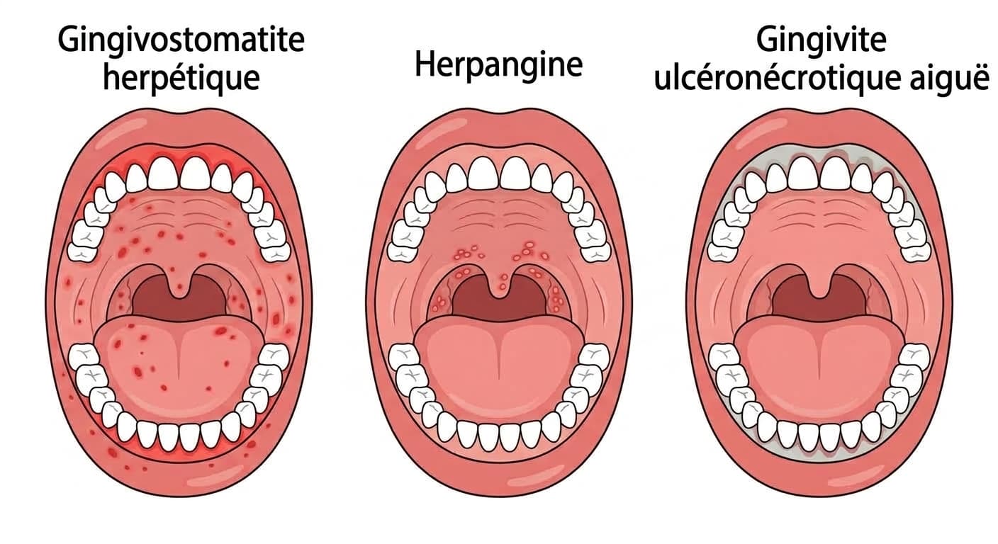 Illustration de l'intérieur de la bouche comparant les localisations différentes des lésions dans la gingivostomatite herpétique, l'herpangine et la gingivite ulcéronécrotique aiguë