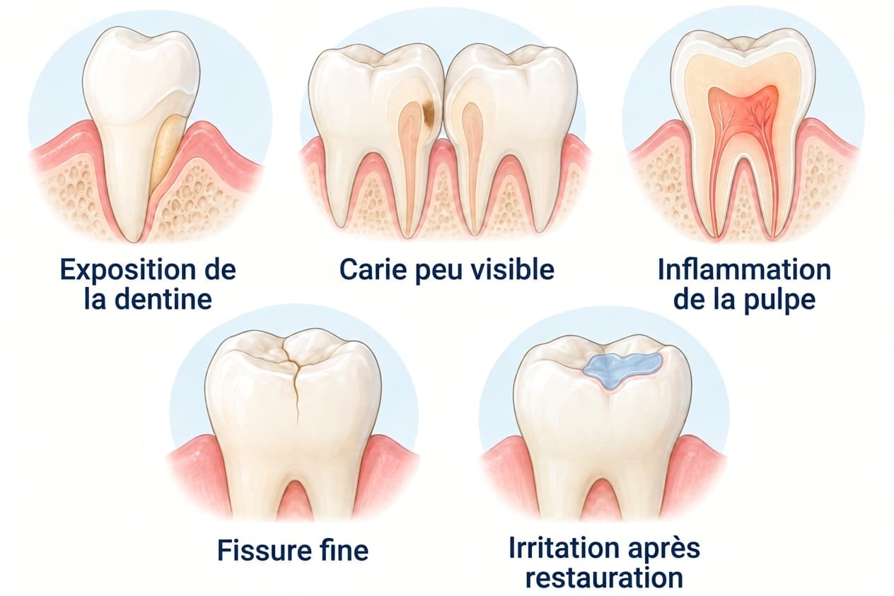 Illustration comparant l'exposition de la dentine, une carie peu visible, une inflammation de la pulpe, une fissure fine et une irritation après une restauration récente