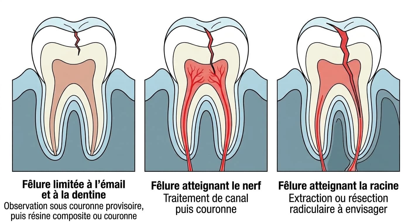 Schéma comparatif en coupe de la dent montrant les orientations de traitement selon que la fêlure se limite à l'émail et à la dentine, atteint le nerf, ou atteint la racine