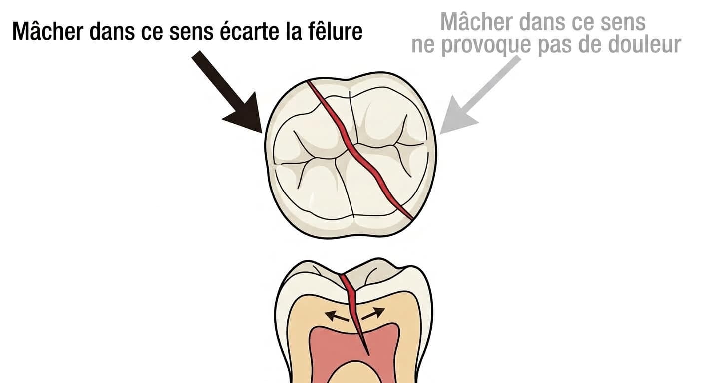 Illustration montrant la ligne de fêlure sur la face masticatoire d'une molaire, les raisons pour lesquelles la douleur apparaît ou non selon le sens de mastication, et l'écartement de la fêlure en coupe