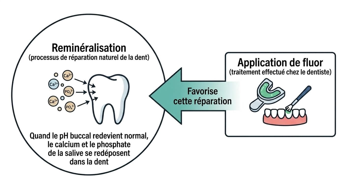 Illustration montrant par des flèches la relation entre la reminéralisation, le processus de réparation naturel de la dent, et l'application de fluor, un traitement qui favorise ce processus. Dans le cercle de gauche, des ions calcium et phosphate se redéposent sur la surface de la dent ; dans l'encadré de droite, un dentiste applique un gel fluoré, relié au cercle par une flèche indiquant que l'application de fluor favorise la reminéralisation.