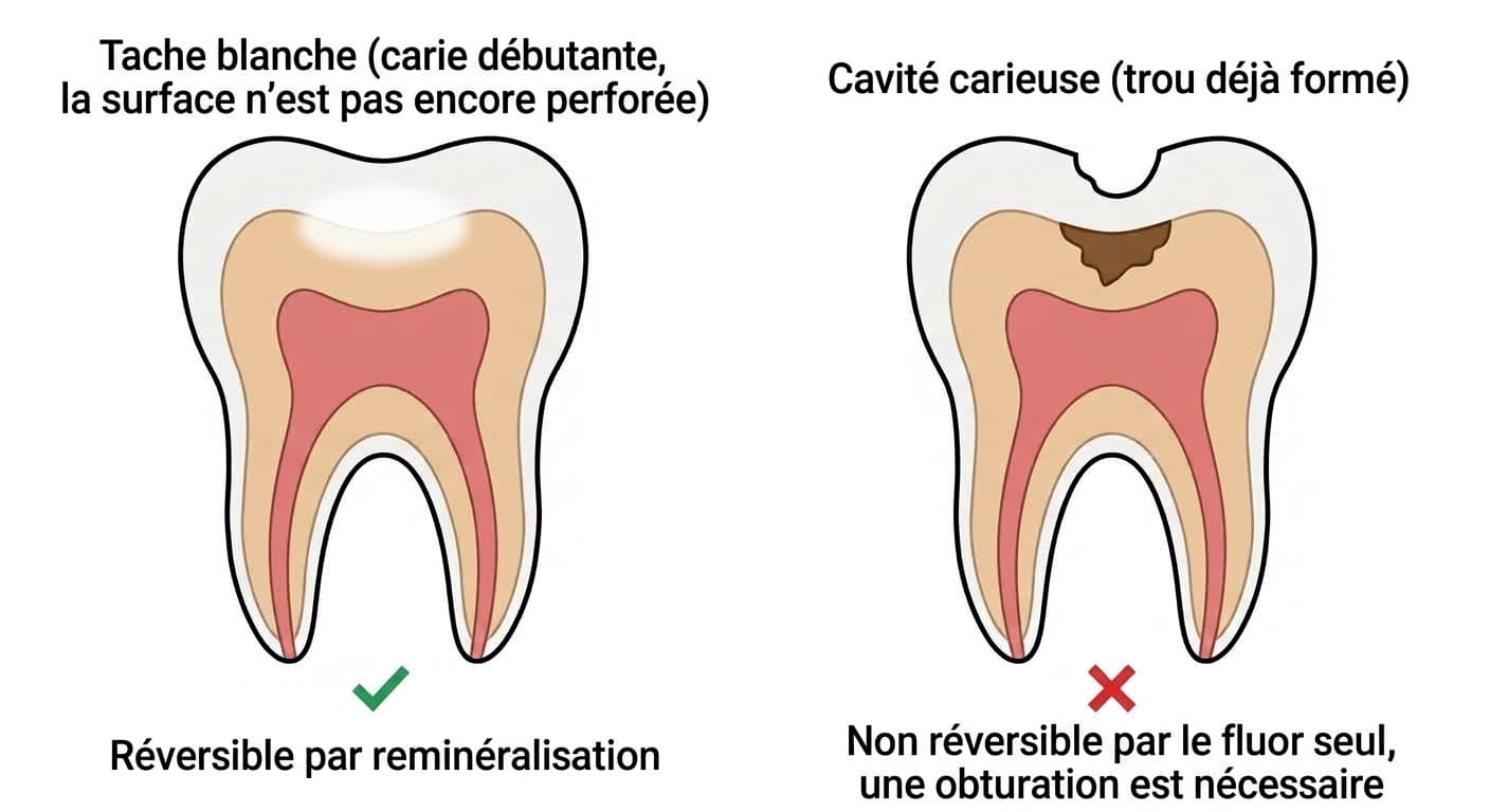 Coupe de molaire comparant côte à côte une tache blanche (carie débutante) et une cavité carieuse (trou déjà formé). À gauche, la tache blanche a une surface lisse et continue, marquée d'une coche verte indiquant qu'elle est réversible par reminéralisation ; à droite, la cavité carieuse présente une surface creusée, endommagée en brun jusqu'à la dentine, marquée d'une croix rouge indiquant qu'elle n'est pas réversible par le fluor seul.