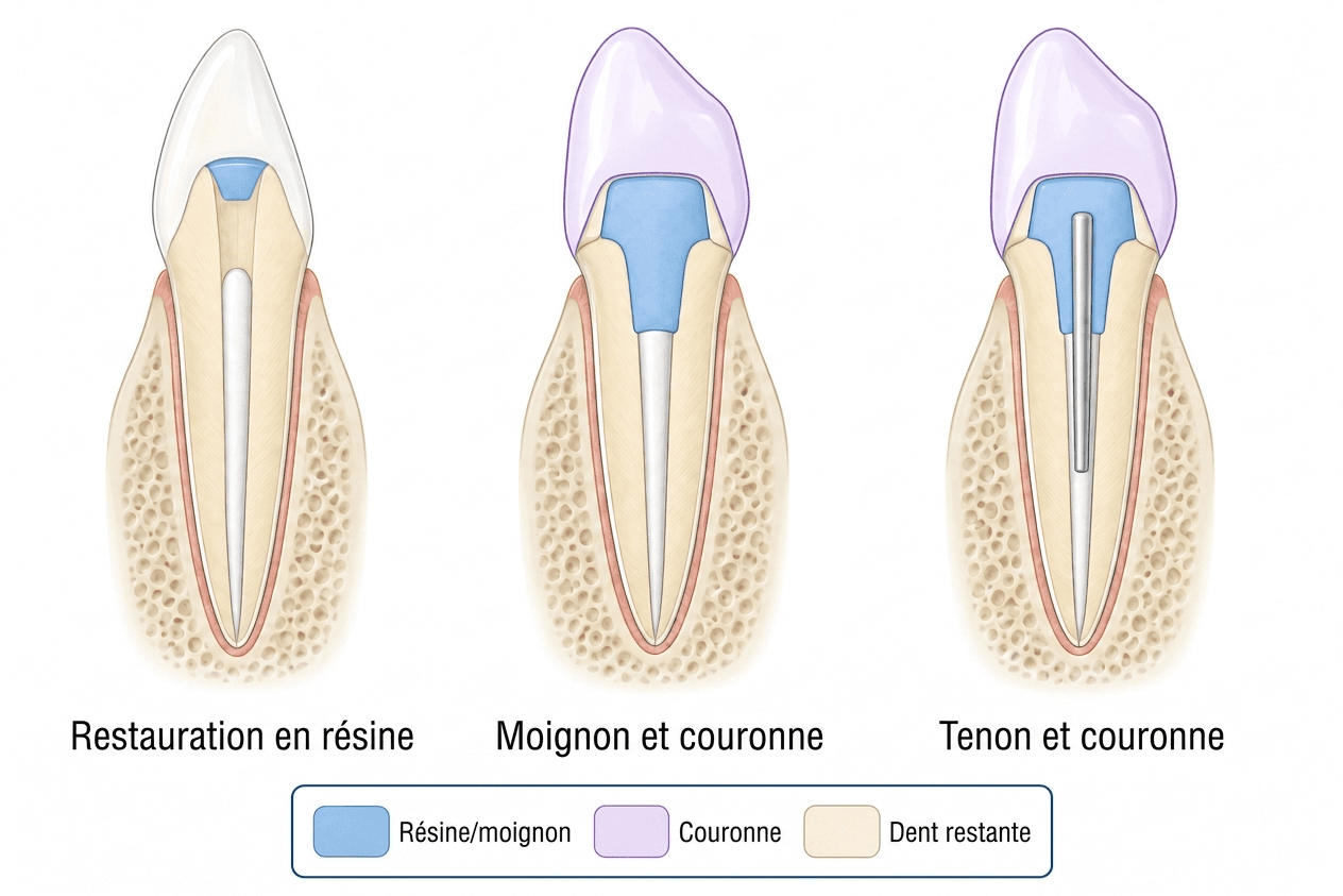 Illustration comparant la restauration en résine composite, la couronne avec moignon et la couronne avec tenon d'une incisive traitée par traitement de canal