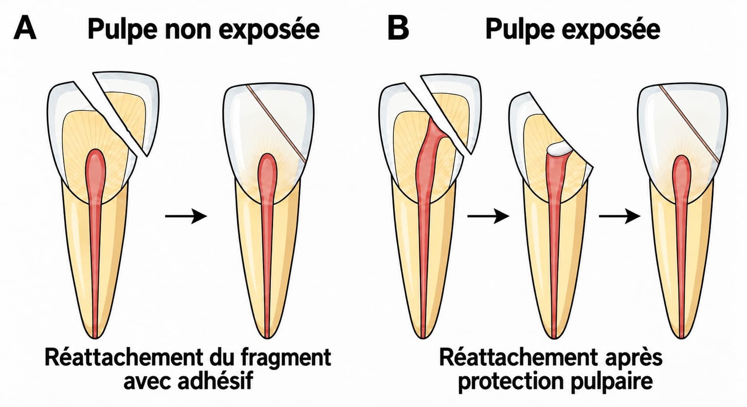 Illustration comparant le réattachement d'un fragment d'incisive maxillaire selon l'exposition pulpaire. En A, sans exposition pulpaire, le fragment est directement réattaché avec un adhésif. En B, avec exposition pulpaire, un matériau de protection est appliqué avant le réattachement du fragment.