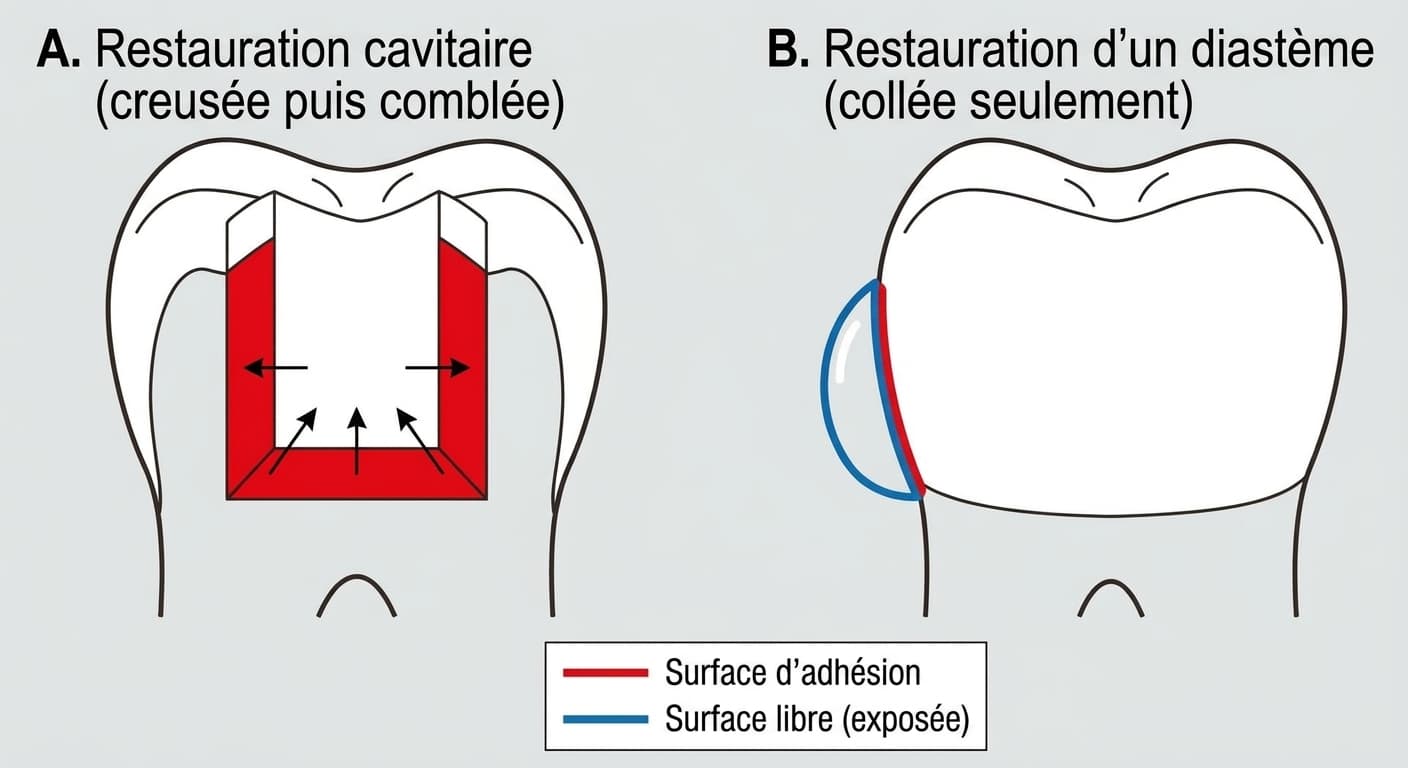 Illustration comparant une restauration cavitaire, où la résine est entourée de plusieurs parois qui la retiennent mécaniquement en plus du collage, à une restauration de diastème, où la résine est simplement ajoutée sur la surface de la dent avec une seule surface d'adhésion et le reste exposé en surface libre