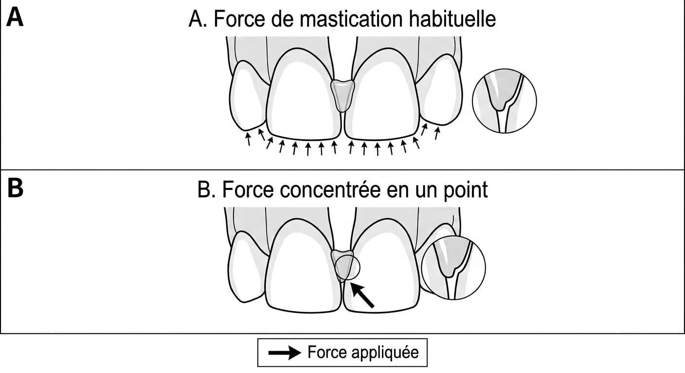 Illustration comparant la force de mastication habituelle, uniformément répartie sur tout le bord incisif, à la force exercée en mordant un aliment dur avec les incisives, qui se concentre en un seul point de la limite adhésive de la zone restaurée par résine et peut y ouvrir une fissure microscopique