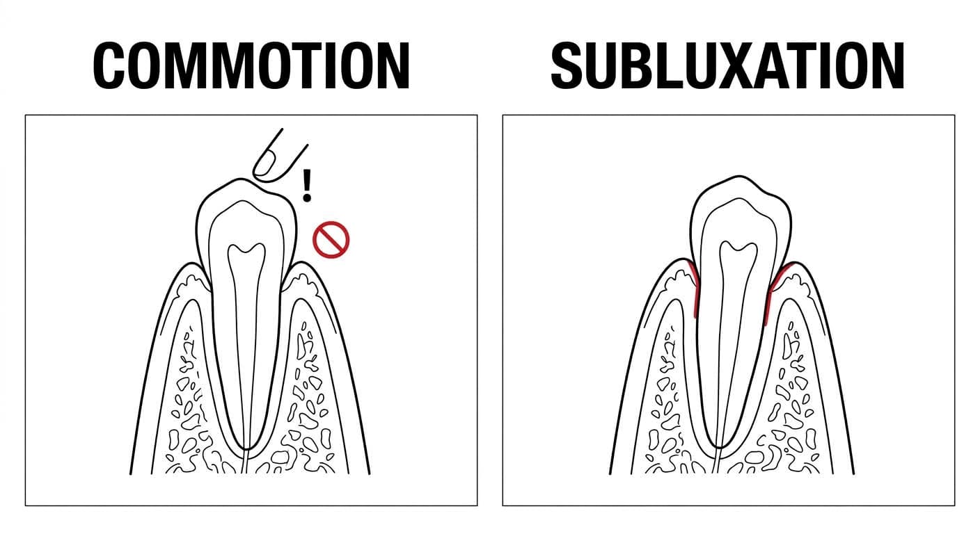 Illustration comparant la commotion et la subluxation. La commotion est sensible à la percussion sans signe de mobilité, tandis que la subluxation présente un saignement au rebord gingival