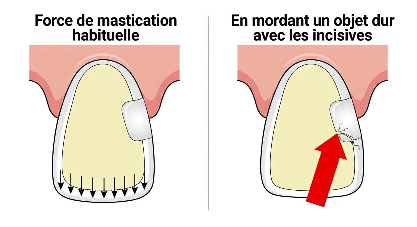 Comparaison entre la force de mastication habituelle, répartie uniformément sur le bord incisif, et la morsure d'un objet dur avec l'incisive, où la force se concentre sur un point de la jonction de la restauration en résine, créant une fissure fine