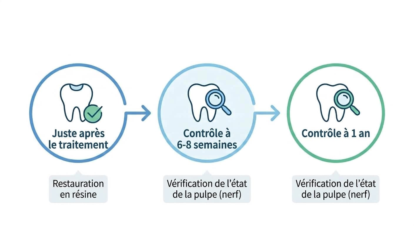 Chronologie des contrôles : juste après le traitement, puis à 6-8 semaines et à 1 an, avec à chaque étape une vérification de l'état du nerf (la pulpe)