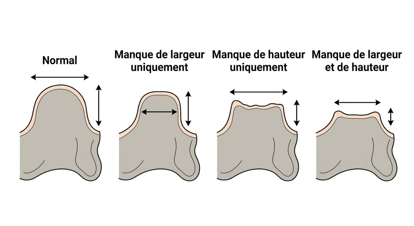 Comparaison entre un os alvéolaire normal, un cas de manque de largeur uniquement, un cas de manque de hauteur uniquement et un cas de manque à la fois de largeur et de hauteur