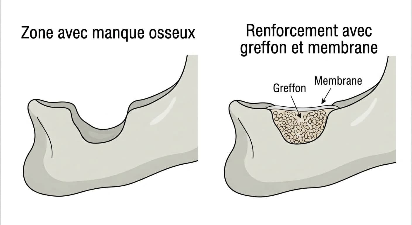 Étapes du renforcement d'une zone à manque osseux par comblement avec un greffon puis recouvrement d'une membrane de barrière