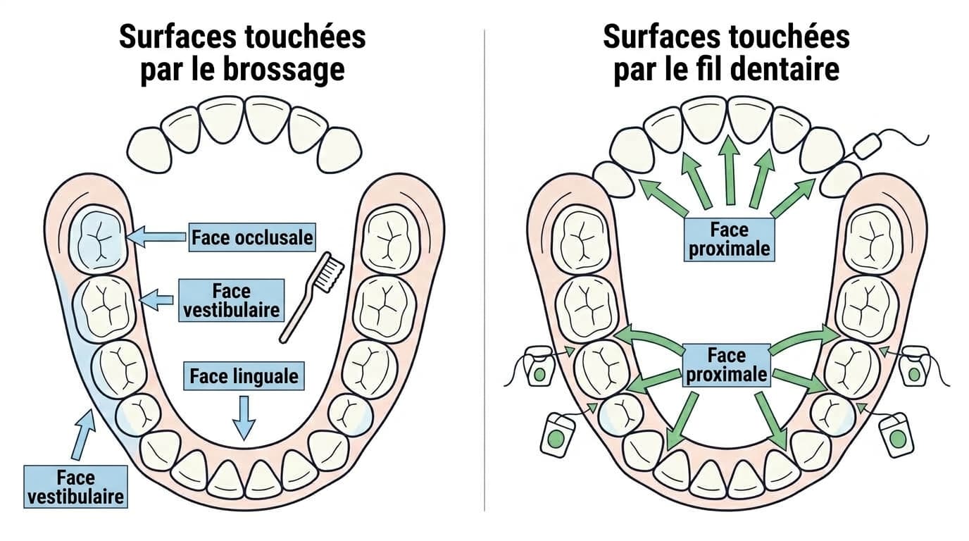 Comparaison des surfaces touchées par le brossage et par le fil dentaire. La brosse à dents touche la face occlusale ainsi que les faces vestibulaire et linguale, tandis que le fil dentaire touche la face proximale entre les dents.