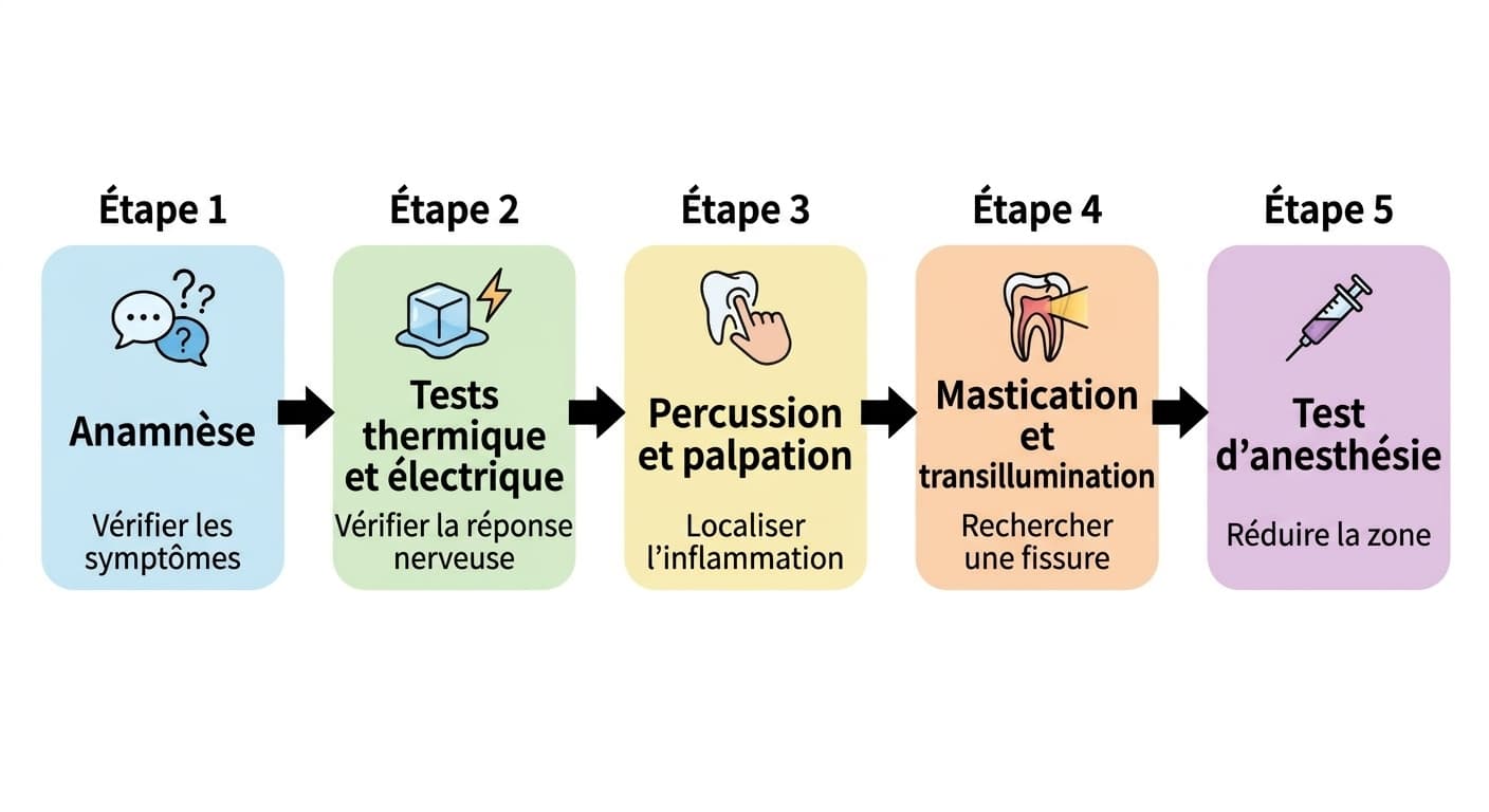 Schéma des cinq étapes pour trouver la dent responsable d'une rage de dents : anamnèse, tests thermique et électrique, percussion et palpation, mastication et transillumination, test d'anesthésie