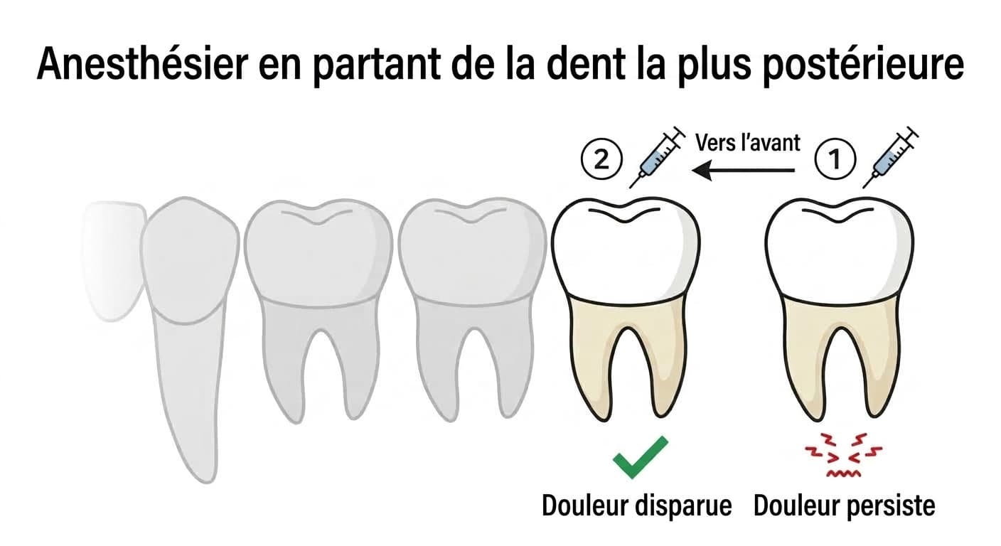 Schéma du test d'anesthésie séquentielle, en commençant par la dent la plus postérieure, pour trouver la dent dont la douleur disparaît