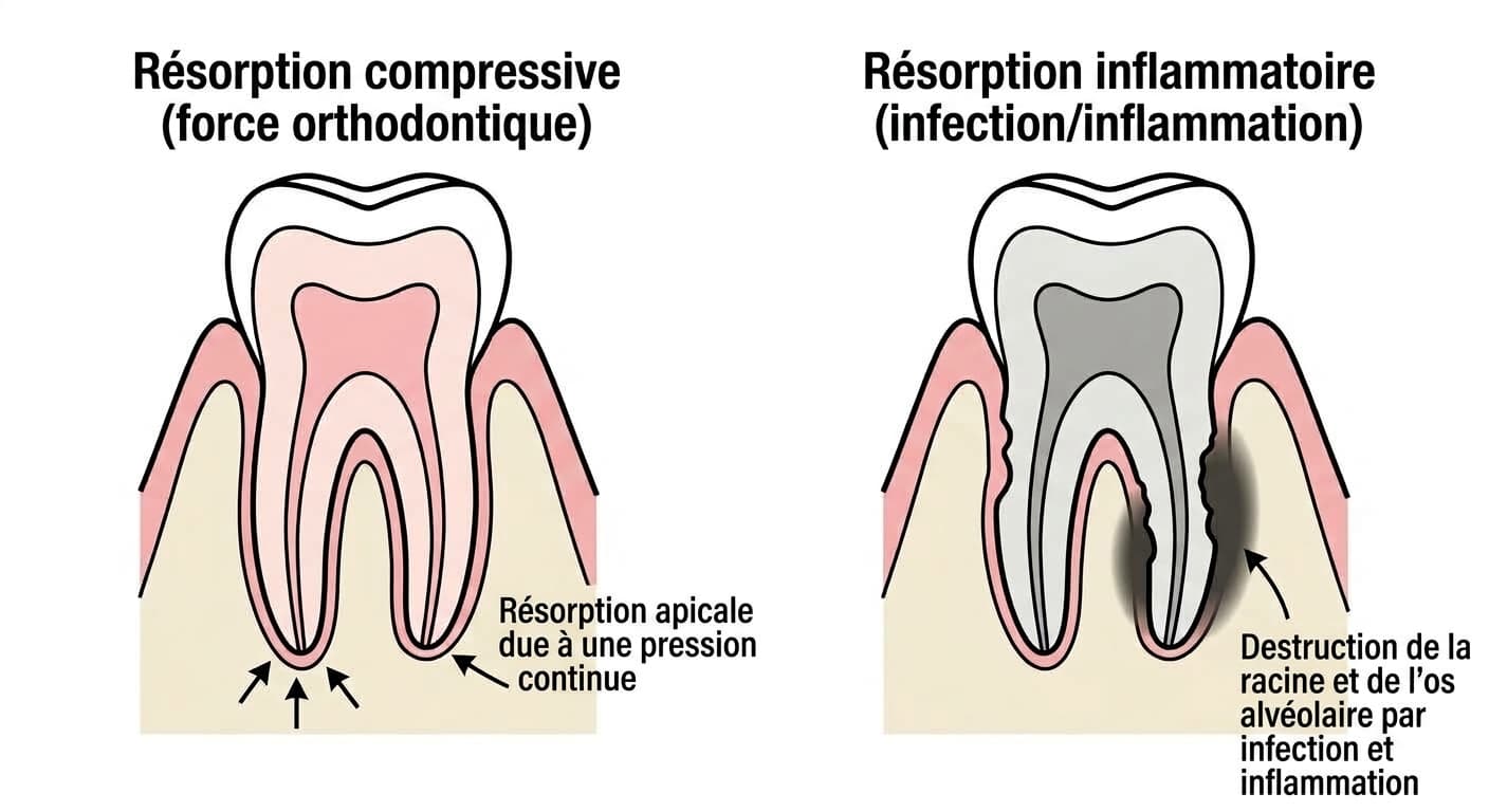Comparaison en coupe de la résorption compressive et de la résorption inflammatoire. À gauche, l'apex de la racine s'est résorbé de façon arrondie sous l'effet de la force orthodontique ; à droite, la racine et l'os alvéolaire environnant se sont résorbés de façon irrégulière sous l'effet d'une infection et d'une inflammation.