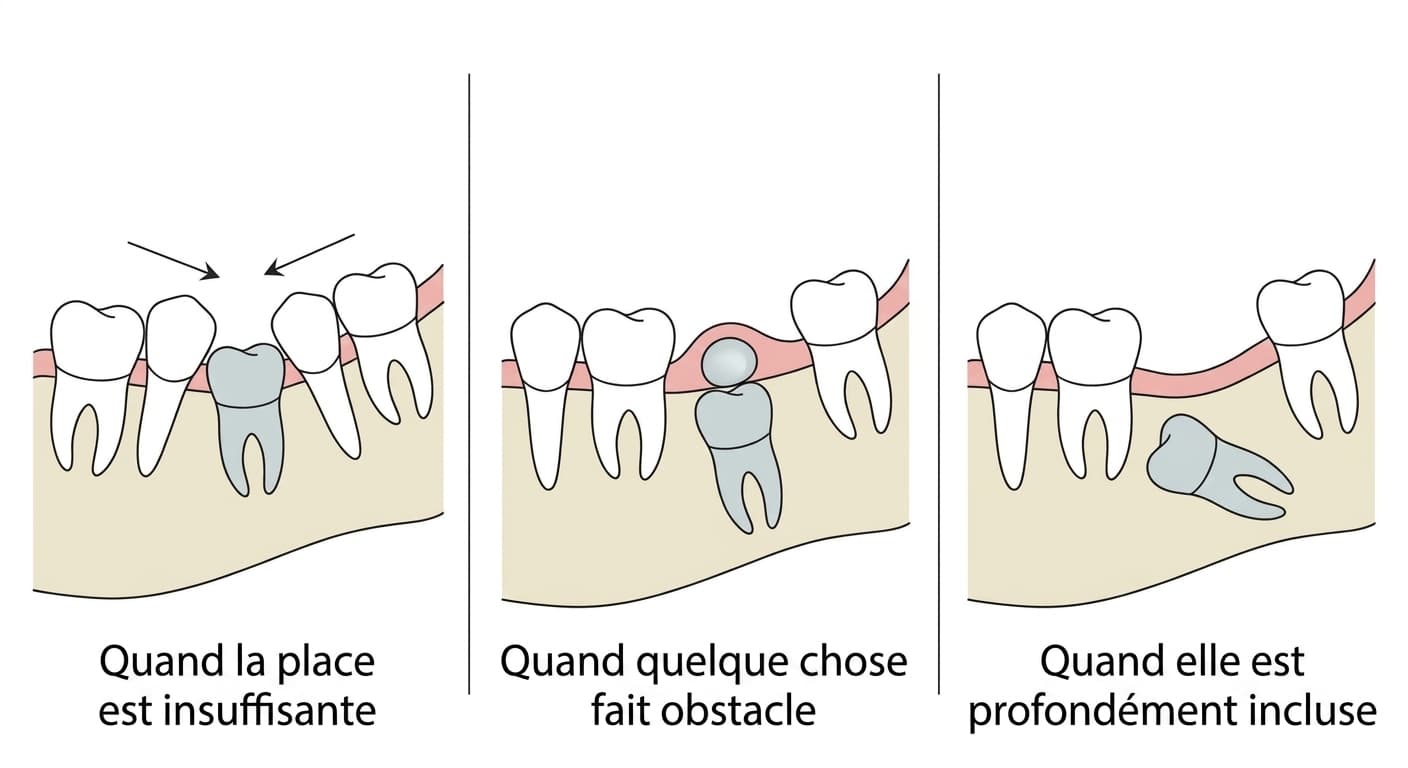 Illustration comparant trois situations à vérifier quand une dent définitive tarde à percer : manque de place, présence d'un obstacle, inclusion profonde