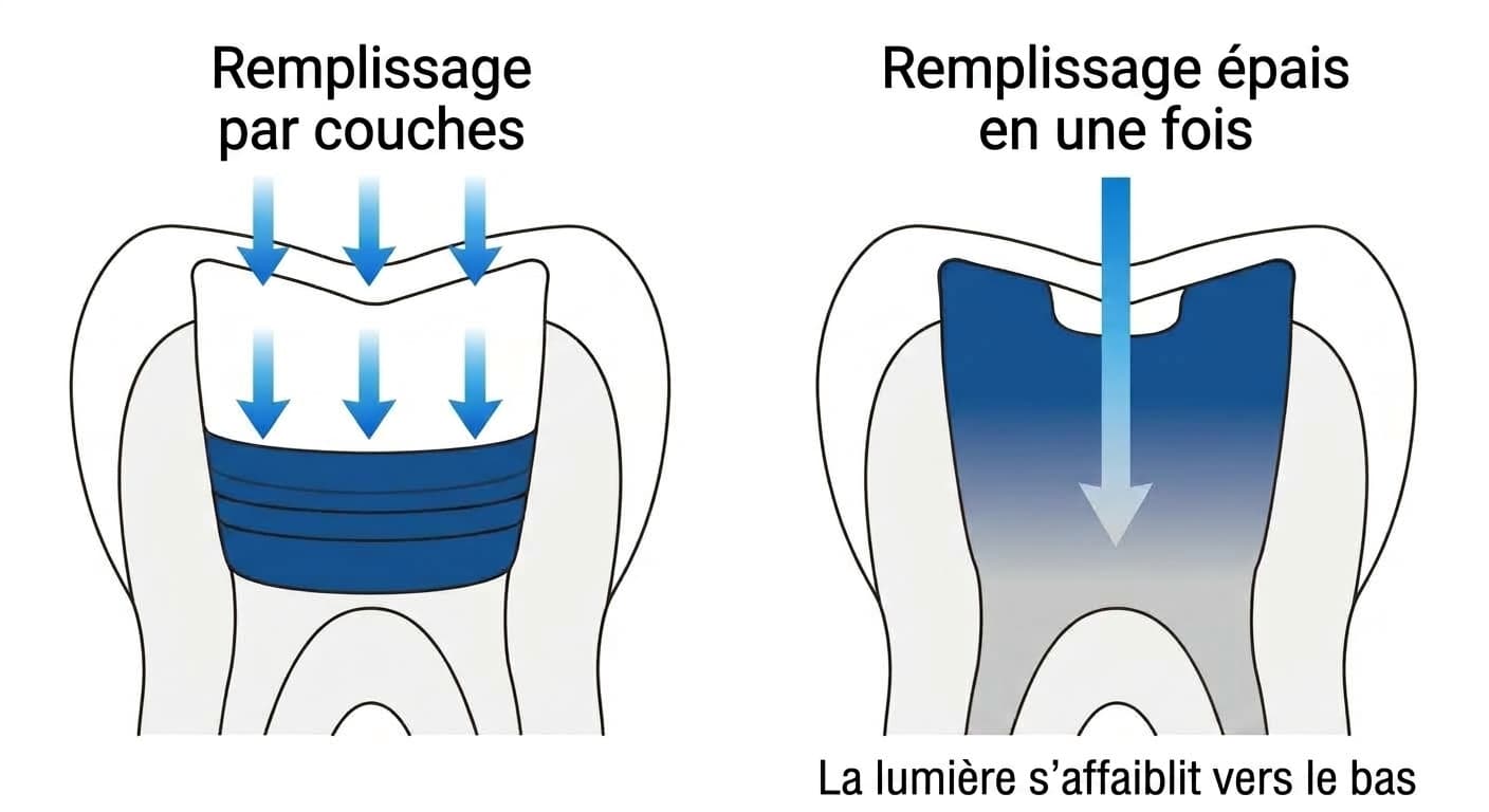Illustration comparant une couche fine posée par étapes, où la lumière atteint uniformément l'ensemble et permet un durcissement suffisant, à une couche épaisse posée en une fois, où la lumière s'affaiblit vers le bas et peut entraîner un durcissement insuffisant