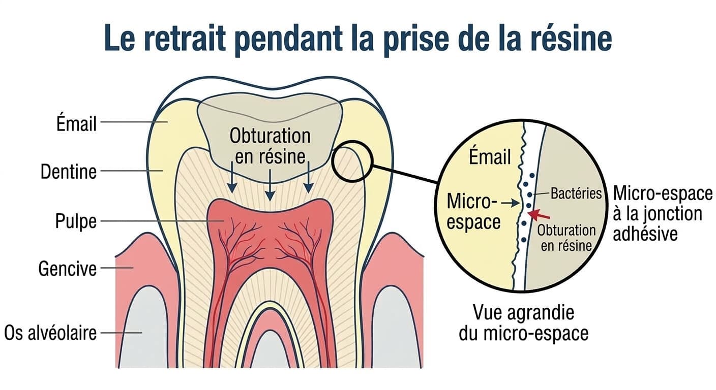 Illustration montrant qu'en durcissant, la résine se rétracte et laisse un micro-espace à la jonction entre la dent et la résine, par lequel des bactéries peuvent pénétrer
