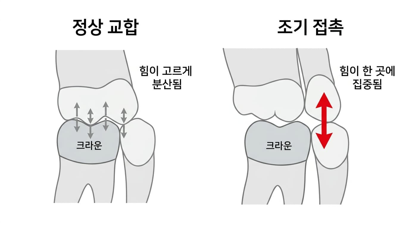 Coupe comparant côte à côte une occlusion normale, où la dent du bas couronnée et la dent du haut s'emboîtent uniformément en plusieurs points pour répartir la force, et un contact prématuré, où un seul point touche en premier et concentre la force