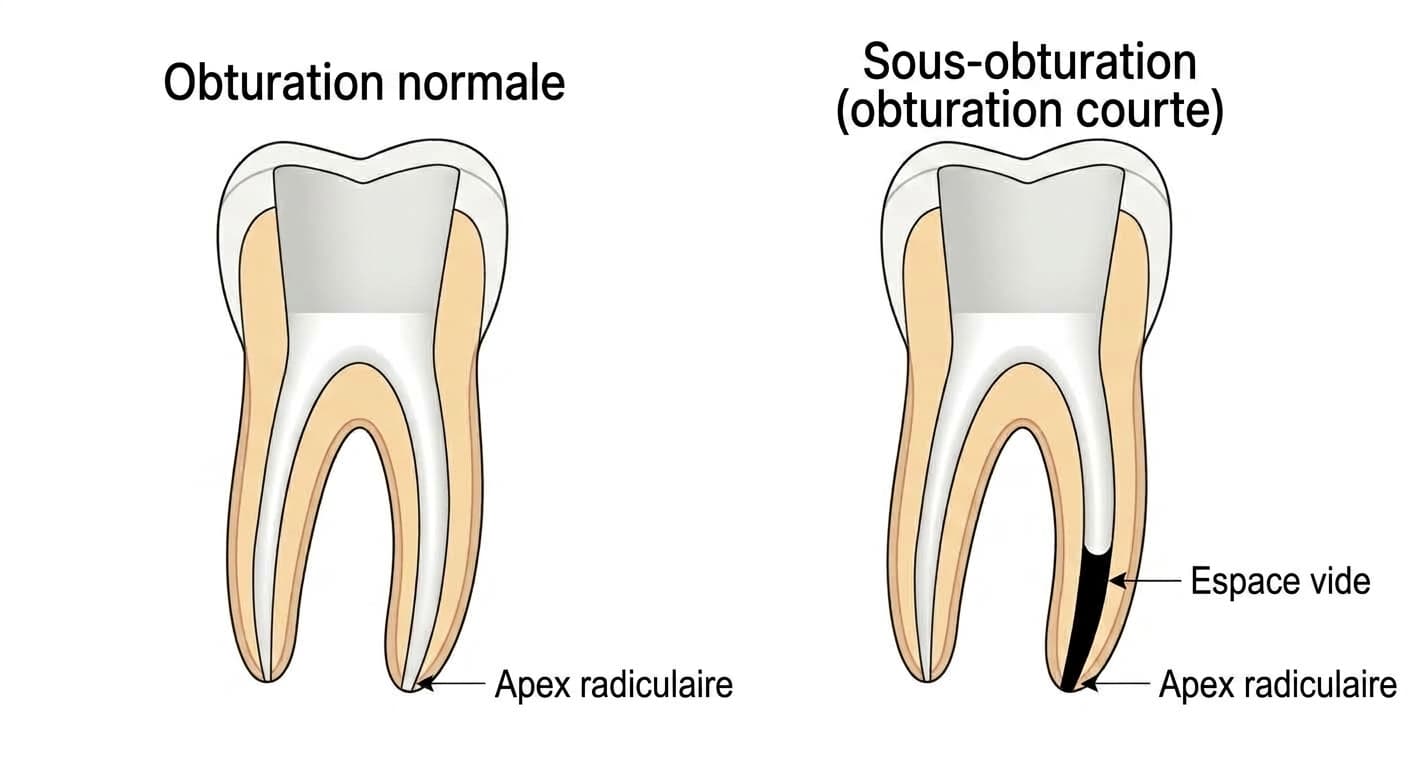 Coupe dentaire comparant une obturation normale, où le canal est rempli jusqu'à l'apex radiculaire, et une sous-obturation où le remplissage s'arrête tôt en laissant un espace vide noir près de l'apex