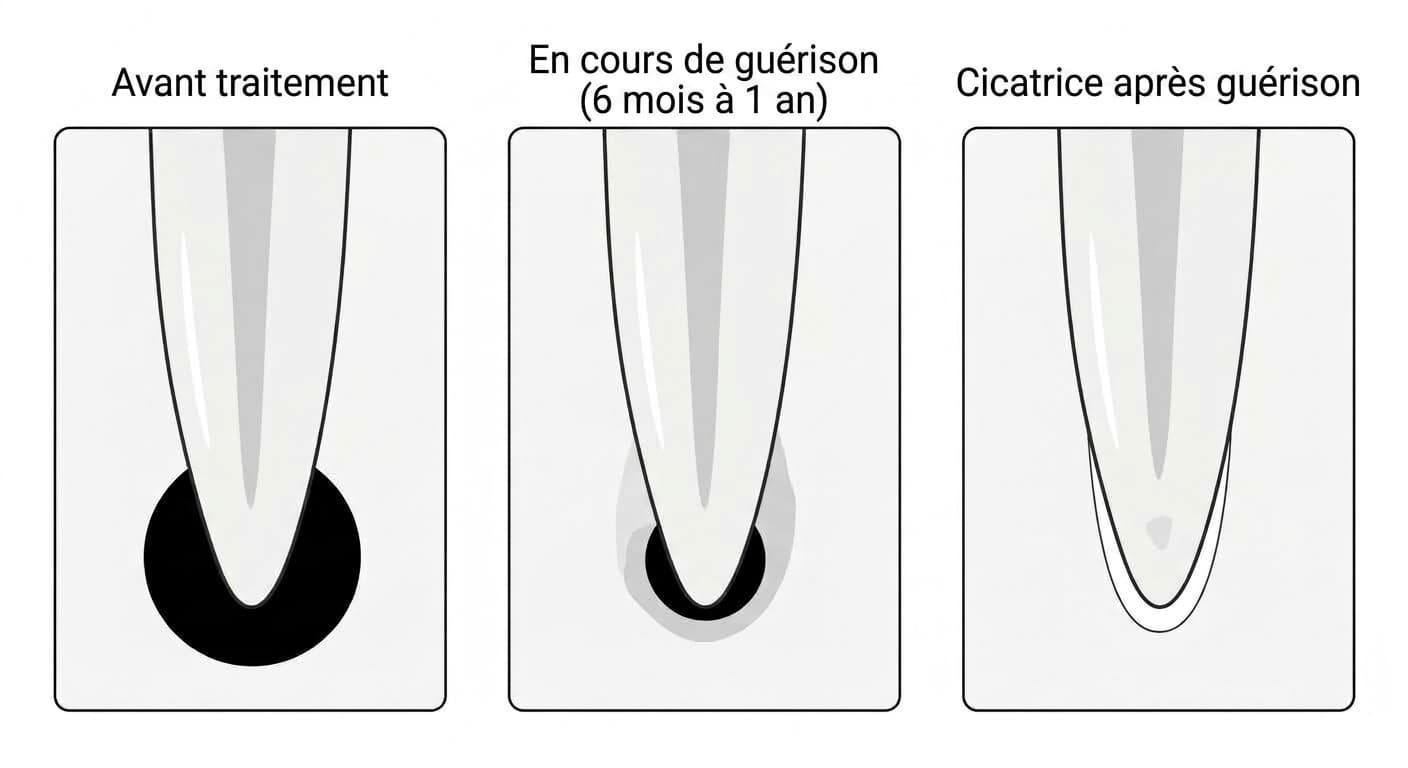 Comparaison en trois étapes montrant une lésion nette au niveau de l'apex avant traitement, puis une guérison en cours, et enfin une petite cicatrice résiduelle après guérison