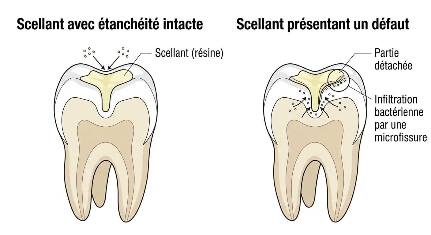 Illustration en coupe d'une molaire comparant un scellant qui comble parfaitement le sillon et un état défectueux où une partie s'est détachée ou des bactéries s'infiltrent par une microfissure