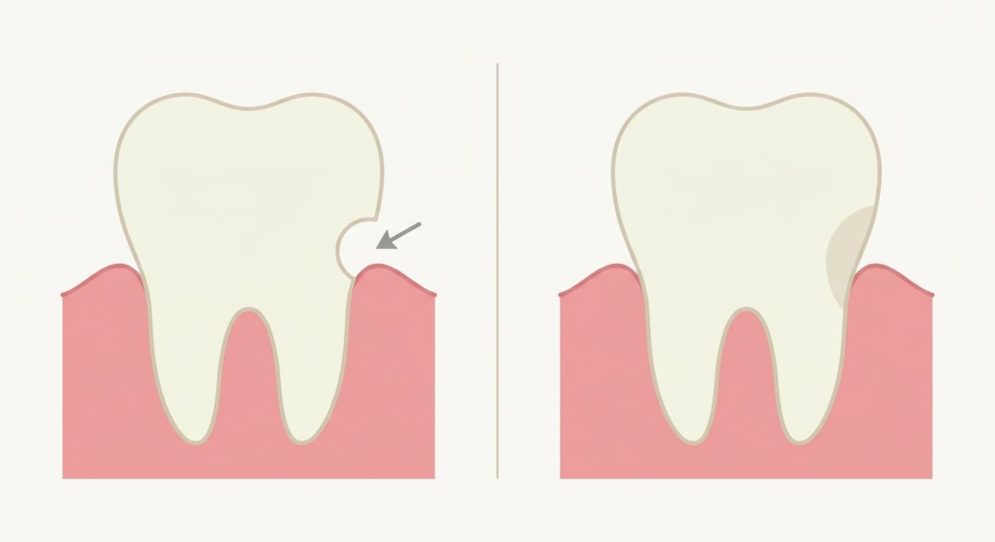 Illustration comparant côte à côte une dent dont la zone cervicale est creusée, laissant apparaître l'intérieur, et la même zone comblée avec un matériau