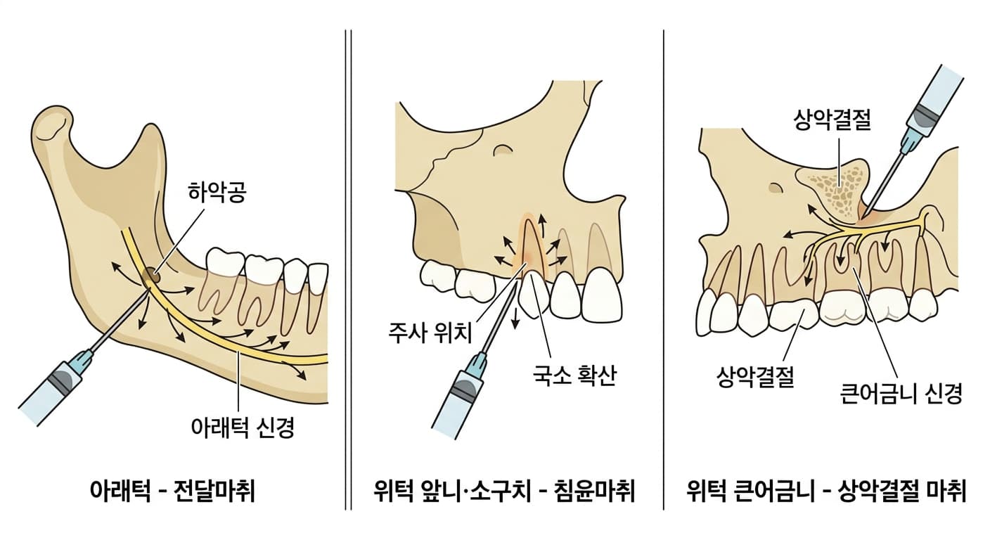 Illustration comparant le principe de l'anesthésie tronculaire, qui bloque le tronc nerveux à la mandibule, de l'anesthésie infiltrative, qui n'anesthésie que la zone autour de la dent pour les incisives et prémolaires maxillaires, et de l'anesthésie tronculaire de la tubérosité maxillaire pour les molaires maxillaires