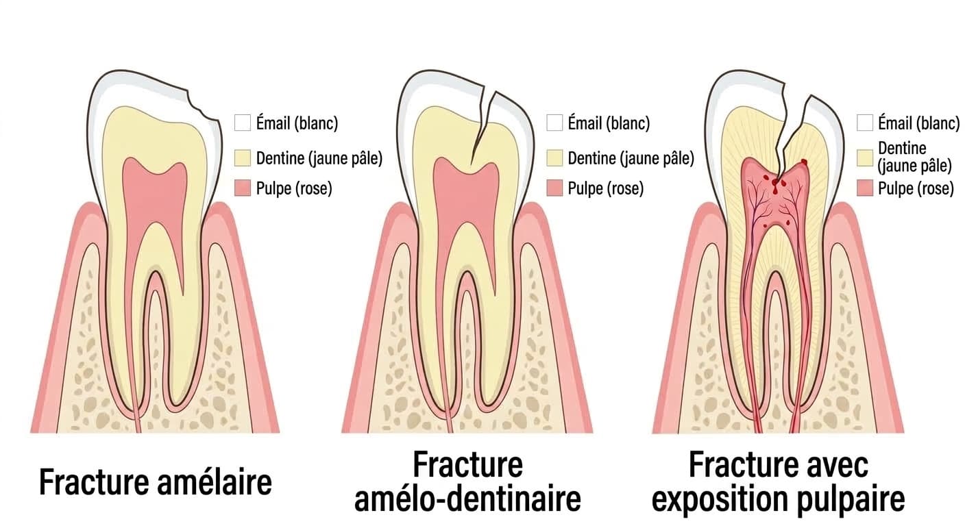 Comparaison en coupe des trois stades de fracture dentaire : fracture amélaire, fracture amélo-dentinaire et fracture avec exposition pulpaire