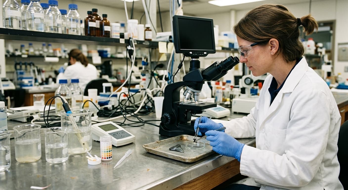 Une chercheuse en blouse blanche tient une petite dent posée sur un plateau avec une pince et l'observe au microscope