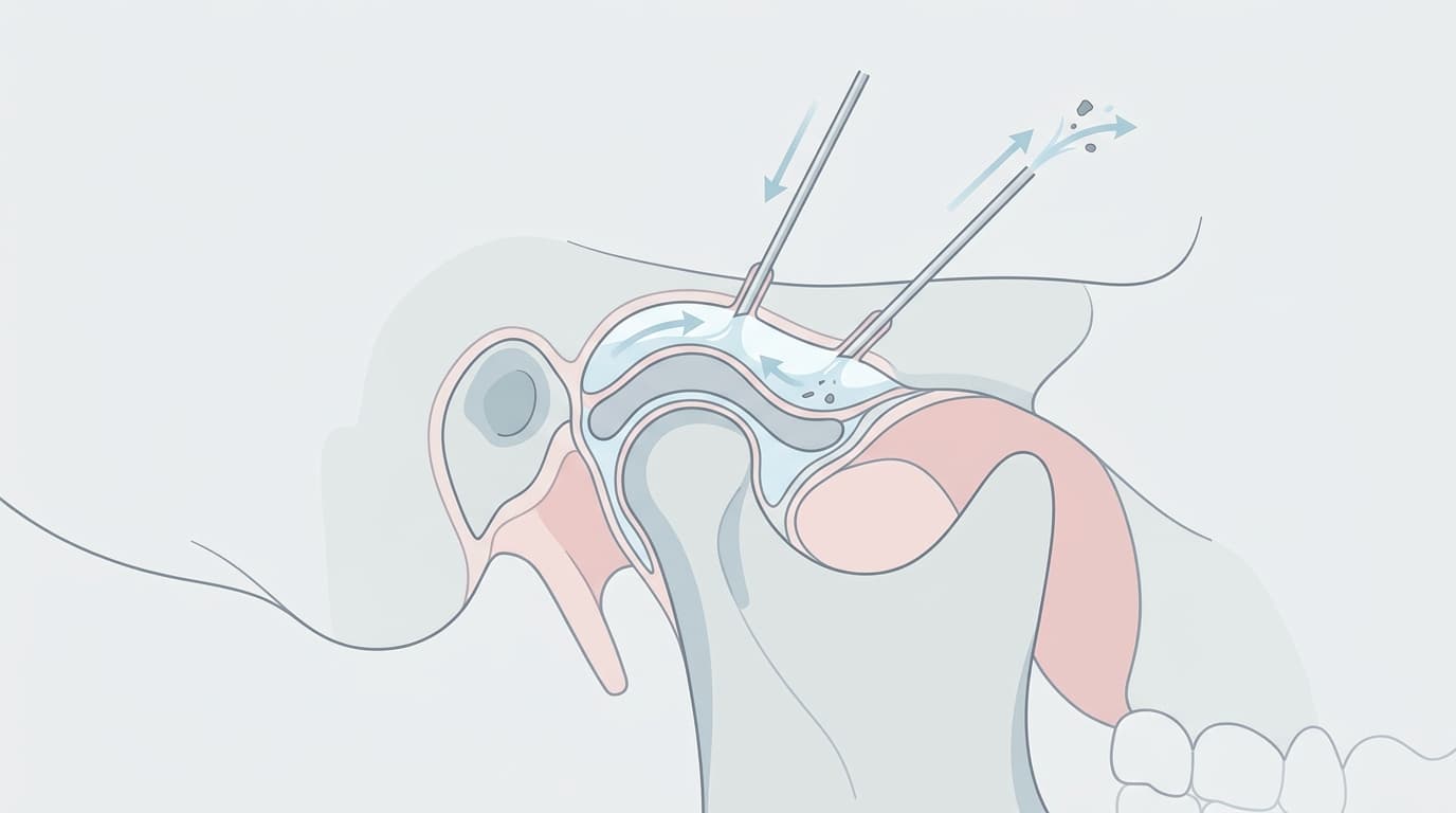 Coupe schématique de l'articulation temporo-mandibulaire montrant deux aiguilles insérées dans l'espace articulaire, l'une faisant entrer un liquide clair et l'autre faisant sortir un liquide chargé de débris