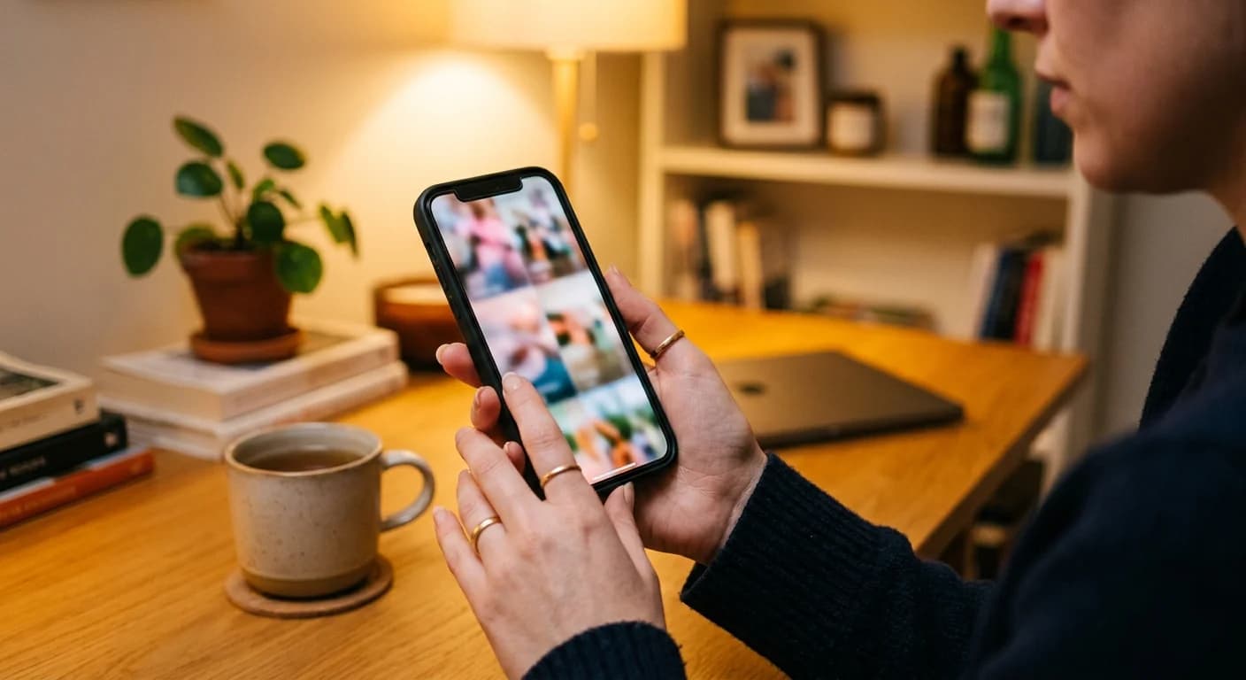 Une personne assise à un bureau près d'un canapé fait défiler une liste de vidéos sur son smartphone