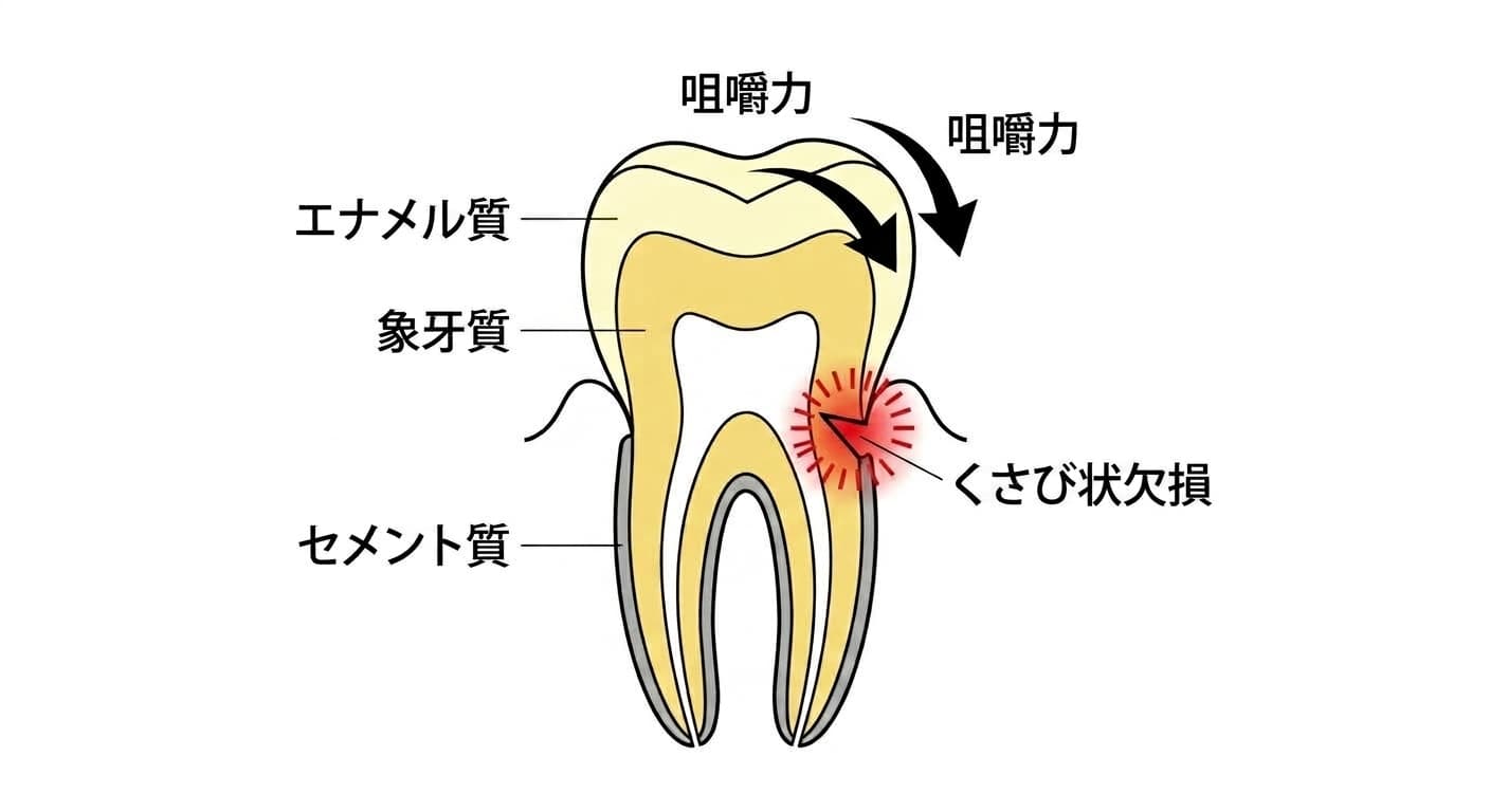 咀嚼力によって歯が撓み、歯頸部にくさび状の欠損が生じる過程を示す歯の断面模式図