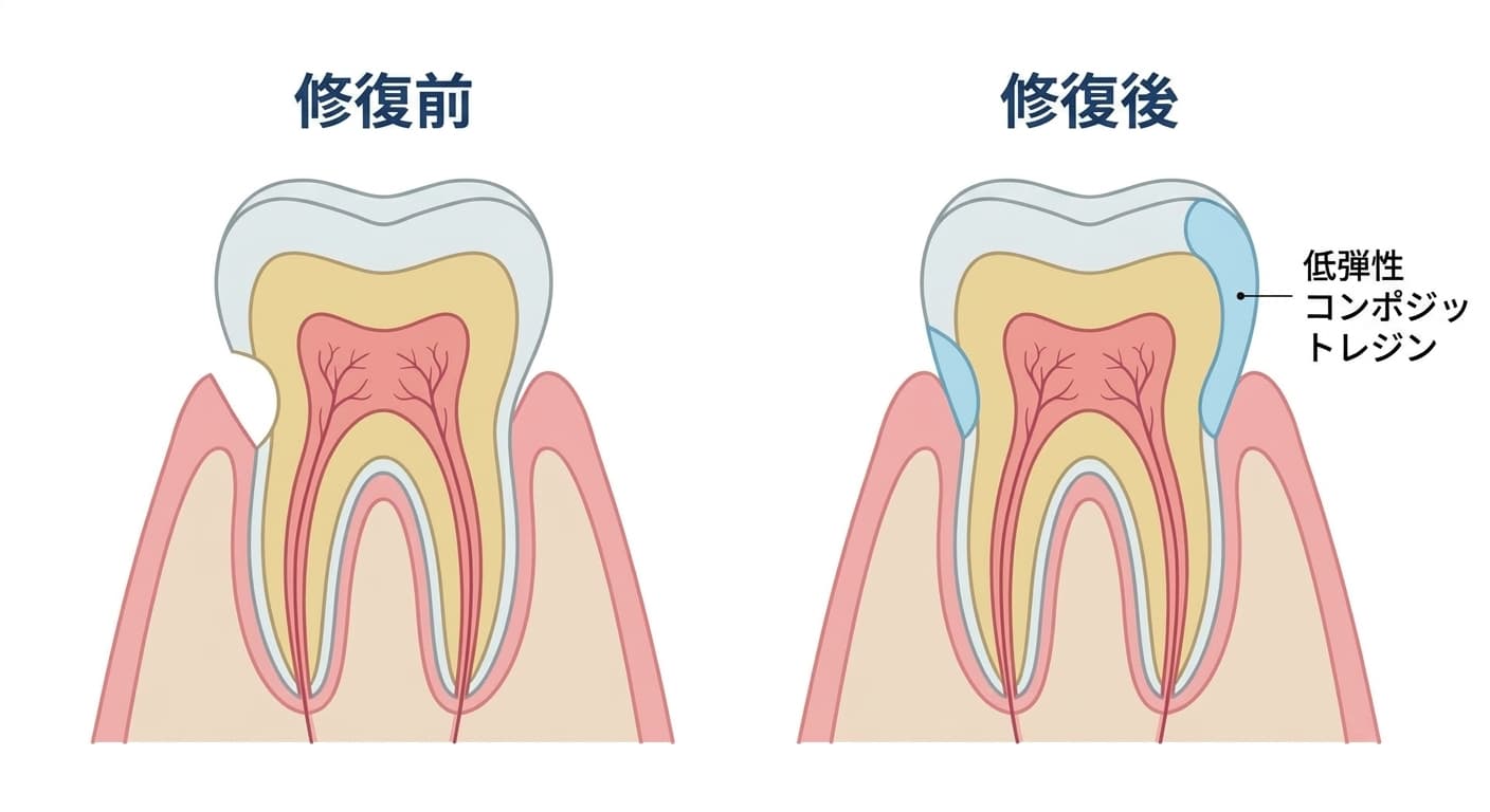 歯頸部に生じたくさび状欠損を低弾性コンポジットレジンで充填する前と後を比較した歯の断面模式図