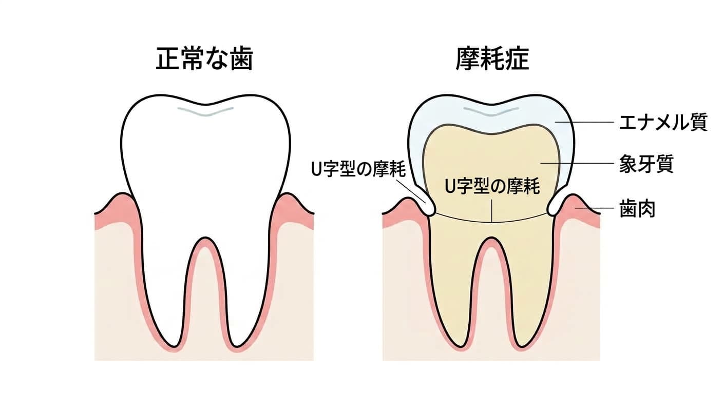 正常な歯と摩耗症の歯の断面比較。摩耗症の歯は歯頸部がU字型に浅くすり減っている