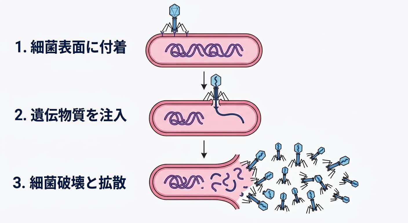 バクテリオファージが細菌表面に付着して遺伝物質を注入し、細菌を破裂させて広がる3段階の過程図