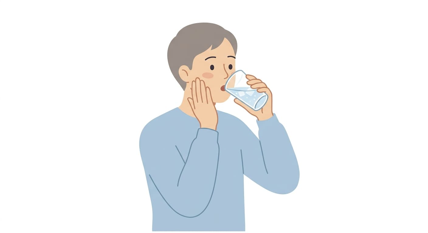 冷たい水を飲みながら頬を押さえる人。一瞬歯がしみる感覚を表している。