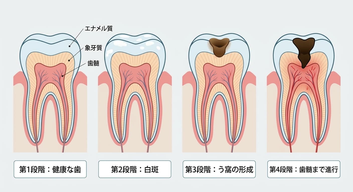 う蝕の進行段階: 健康な歯から白斑、う窩の形成、歯髄までの進行を比較した断面図
